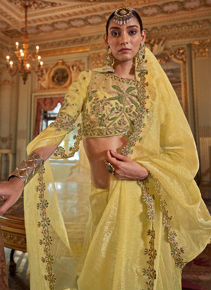 Soft Tissue Mustard Yellow Festival Wear Thread Embroidery Work Designer Saree 388255