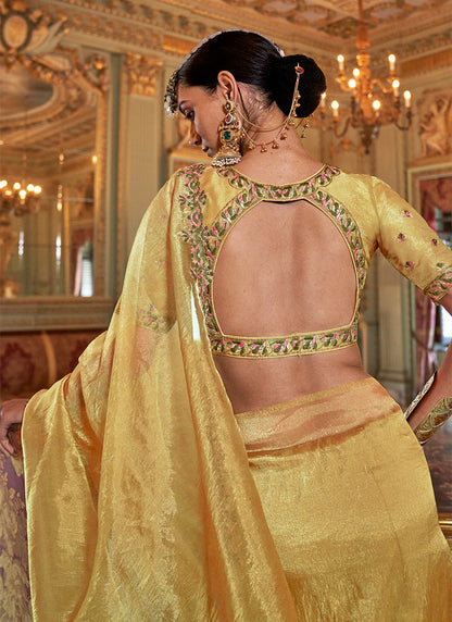 Soft Tissue Mustard Yellow Festival Wear Thread Embroidery Work Designer Saree 388255