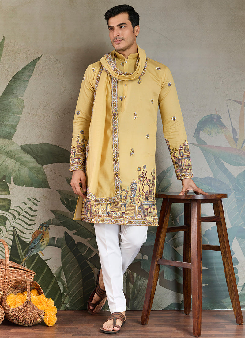 Viscose Silk Mustard Yellow Party Wear Embroidery Work Readymade Kurta With Dupatta 377162
