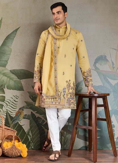 Viscose Silk Mustard Yellow Party Wear Embroidery Work Readymade Kurta With Dupatta 377162