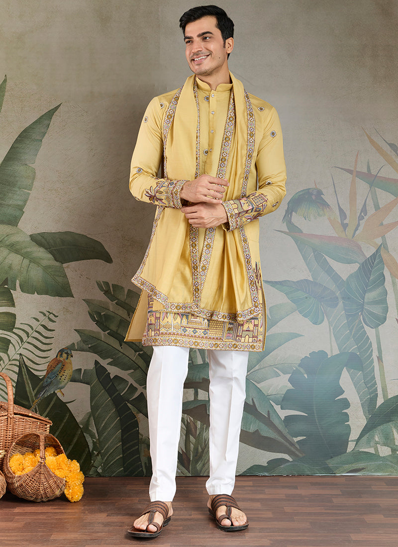 Viscose Silk Mustard Yellow Party Wear Embroidery Work Readymade Kurta With Dupatta 377162