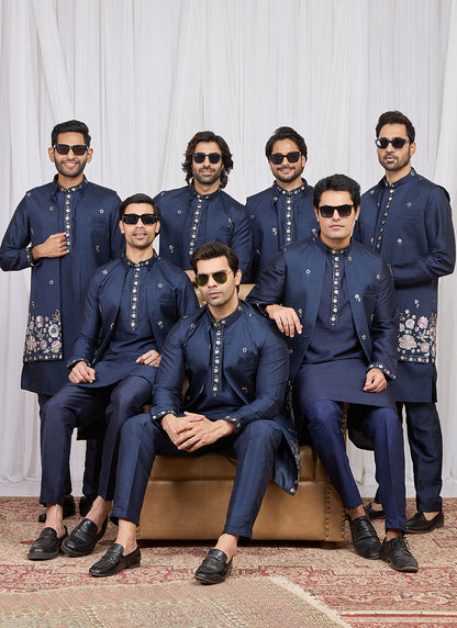 Navy Blue Art Banarasi Silk Patten Pcs Festival Wear Readymade Kurta Pajama With Jacket SW846889