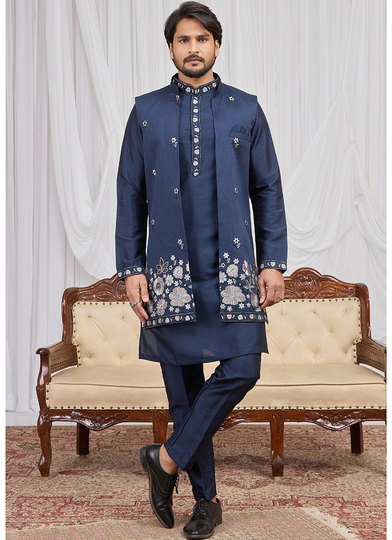 Navy Blue Art Banarasi Silk Patten Pcs Festival Wear Readymade Kurta Pajama With Jacket SW846889