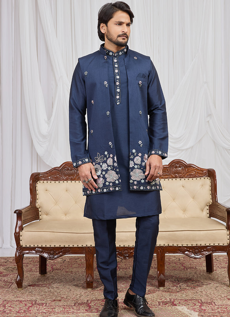 Navy Blue Art Banarasi Silk Patten Pcs Festival Wear Readymade Kurta Pajama With Jacket SW846889