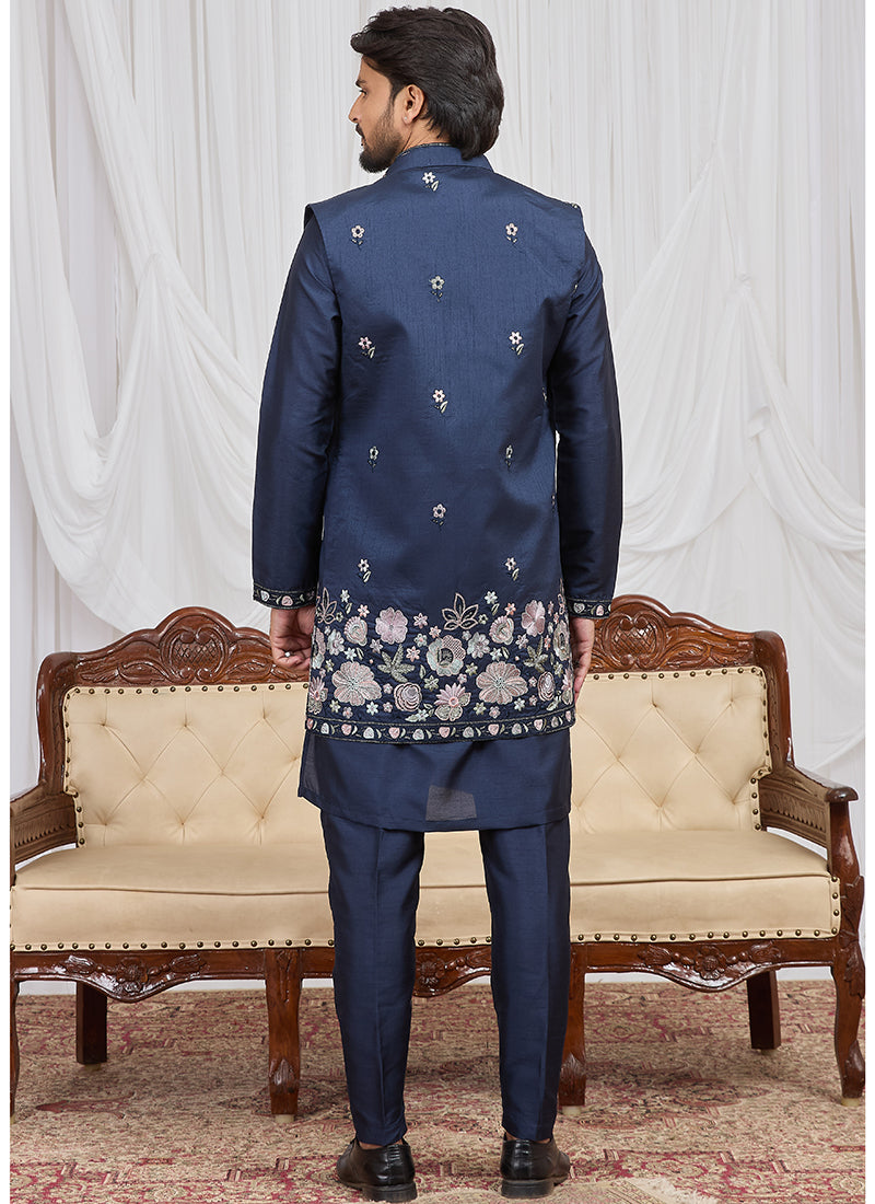 Navy Blue Art Banarasi Silk Patten Pcs Festival Wear Readymade Kurta Pajama With Jacket SW846889