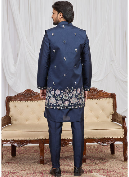 Navy Blue Art Banarasi Silk Patten Pcs Festival Wear Readymade Kurta Pajama With Jacket SW846889