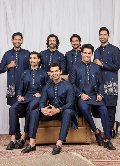 Navy Blue Art Banarasi Silk Patten Pcs Festival Wear Readymade Kurta Pajama With Jacket SW846889
