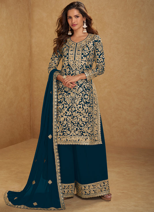 Navy Blue Georgette Embroidery Work Festival Wear Readymade Plazzo Suit SW274331