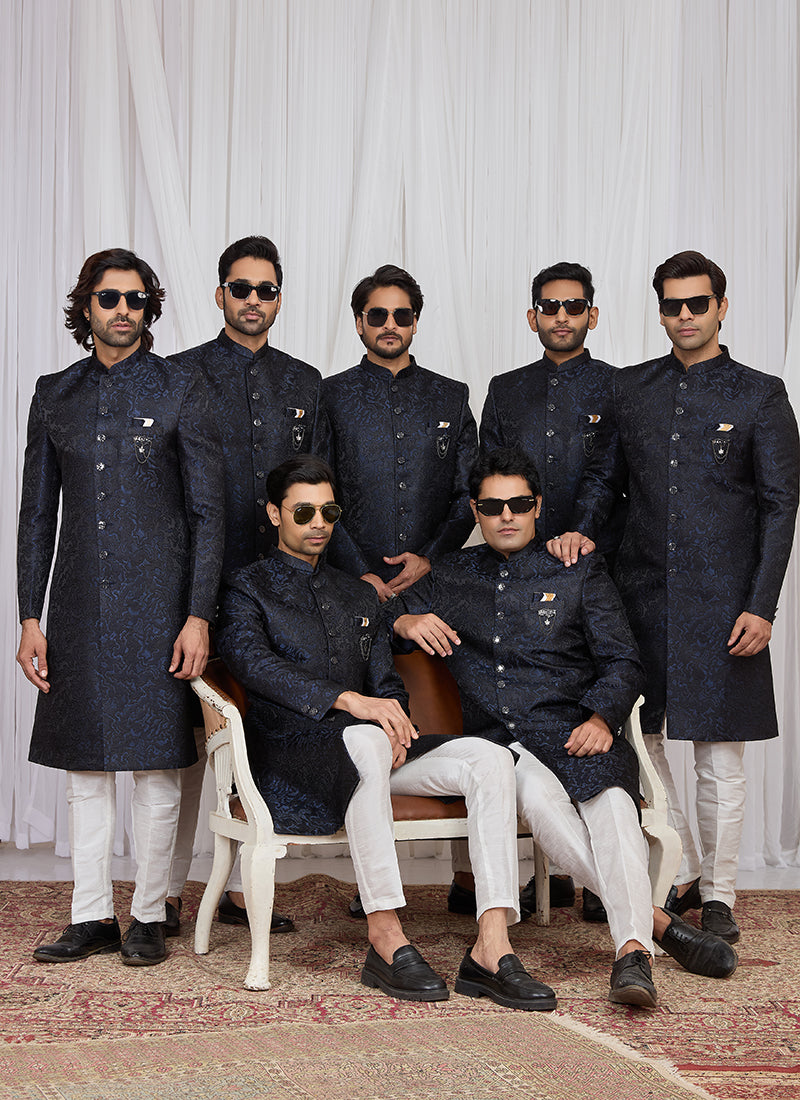 Navy Blue Jaquard  Patten Pcs Wedding Wear Readymade Indowestern Suit SW523415