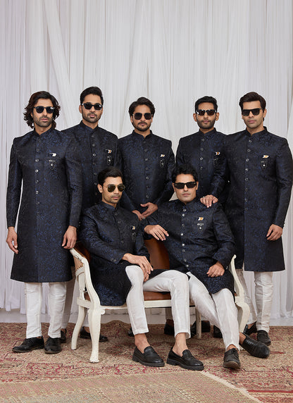 Navy Blue Jaquard  Patten Pcs Wedding Wear Readymade Indowestern Suit SW523415