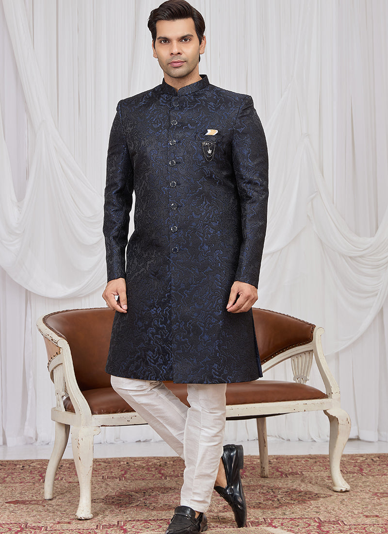 Navy Blue Jaquard  Patten Pcs Wedding Wear Readymade Indowestern Suit SW523415