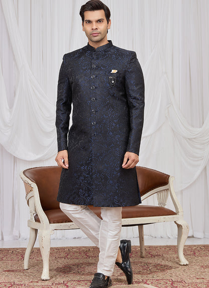 Navy Blue Jaquard  Patten Pcs Wedding Wear Readymade Indowestern Suit SW523415