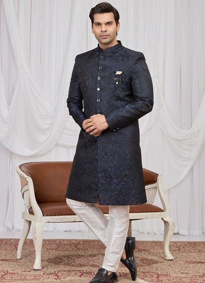 Navy Blue Jaquard  Patten Pcs Wedding Wear Readymade Indowestern Suit SW523415