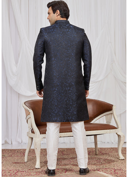 Navy Blue Jaquard  Patten Pcs Wedding Wear Readymade Indowestern Suit SW523415