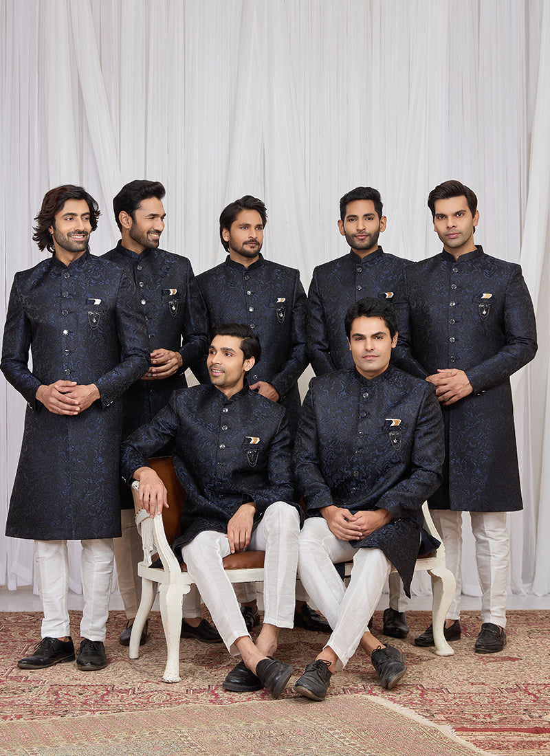 Navy Blue Jaquard  Patten Pcs Wedding Wear Readymade Indowestern Suit SW523415