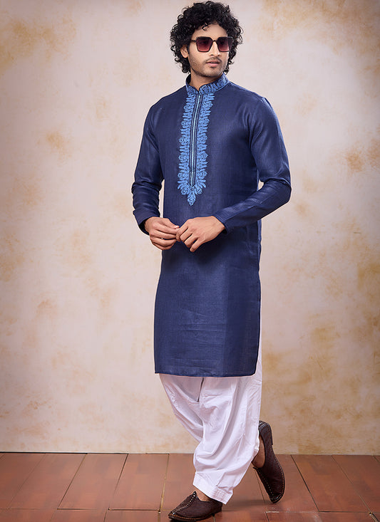 Navy Blue Linen Cotton Embroidery Work Occasional Wear Readymade Kurta Pajama SW308674