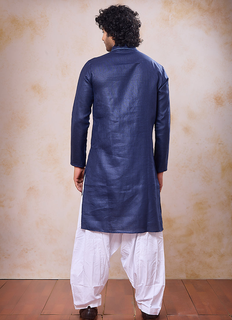 Navy Blue Linen Cotton Embroidery Work Occasional Wear Readymade Kurta Pajama SW308674