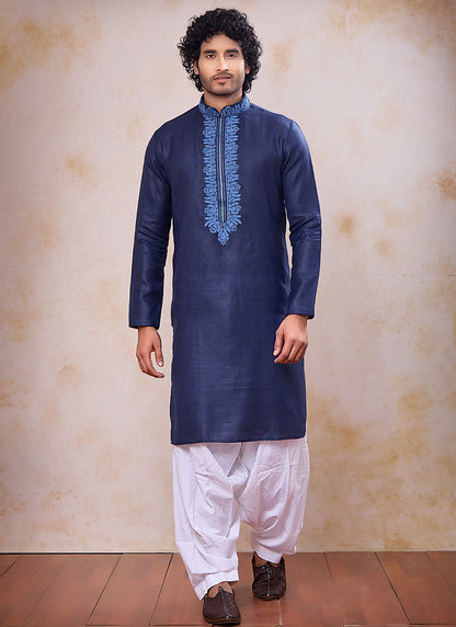Navy Blue Linen Cotton Embroidery Work Occasional Wear Readymade Kurta Pajama SW308674