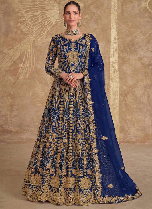 Navy Blue Net Embroidery Work Wedding Wear Anarkali Suit SW782853