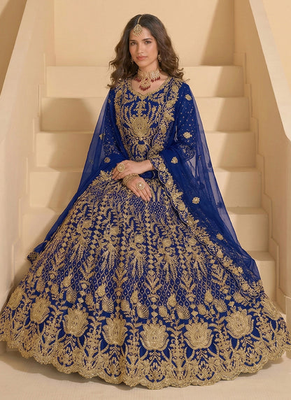 Navy Blue Net Embroidery Work Wedding Wear Anarkali Suit SW782853