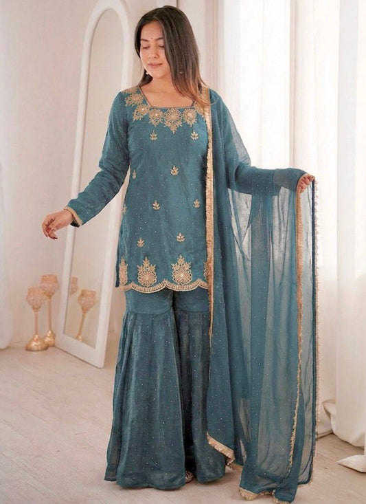 Navy Blue  Fendy Silk Embroidery Work Occasional Wear Readymade Sharara Suit SW339266