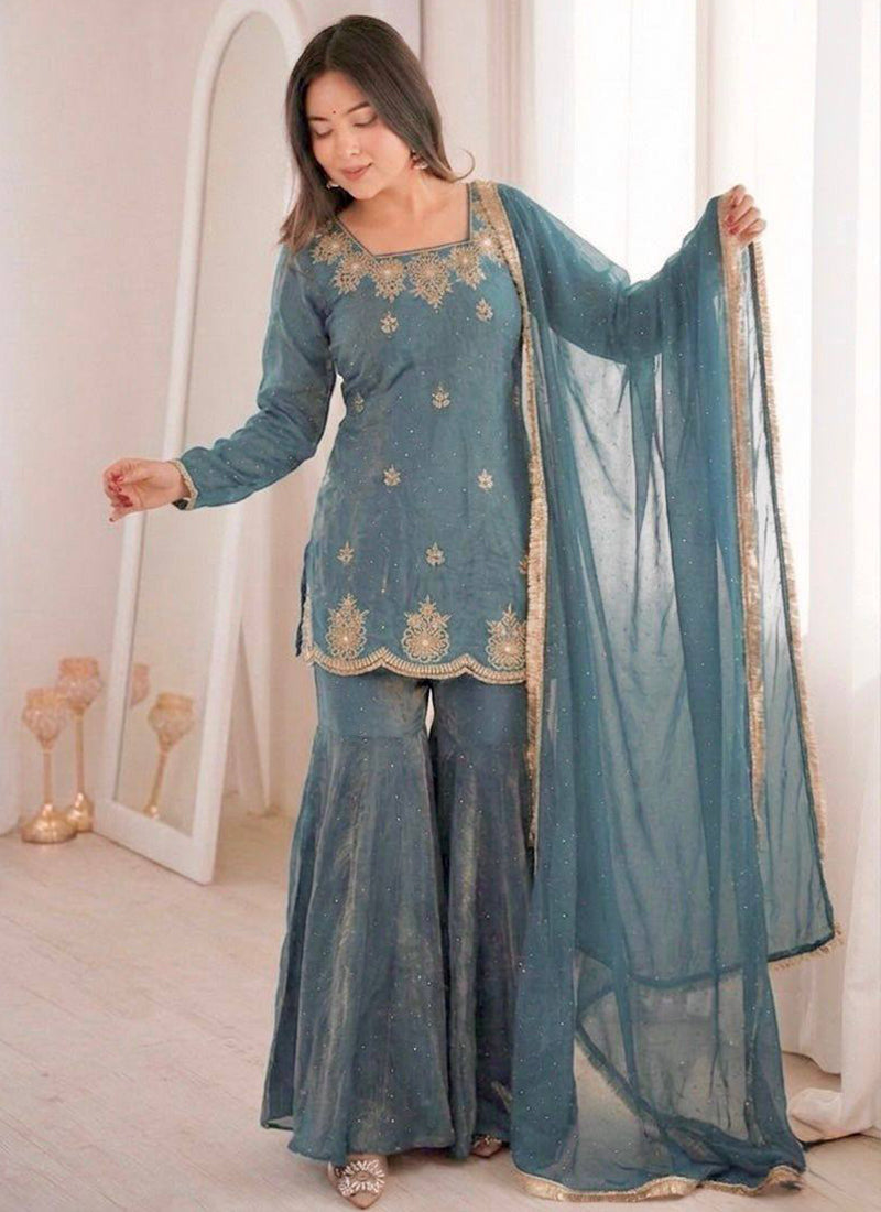 Navy Blue  Fendy Silk Embroidery Work Occasional Wear Readymade Sharara Suit SW339266
