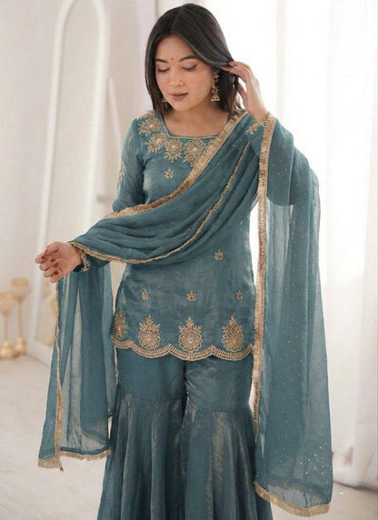 Navy Blue  Fendy Silk Embroidery Work Occasional Wear Readymade Sharara Suit SW339266