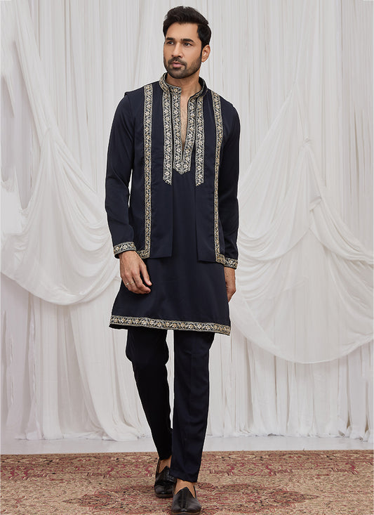 Navy Blue Armani  Hand Work Occasional Wear Readymade Kurta Pajama SW929537