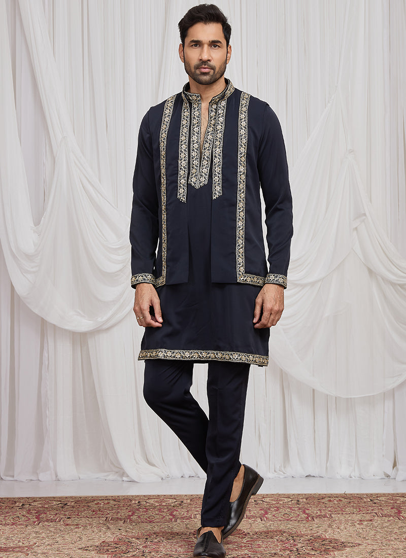 Navy Blue Armani  Hand Work Occasional Wear Readymade Kurta Pajama SW929537
