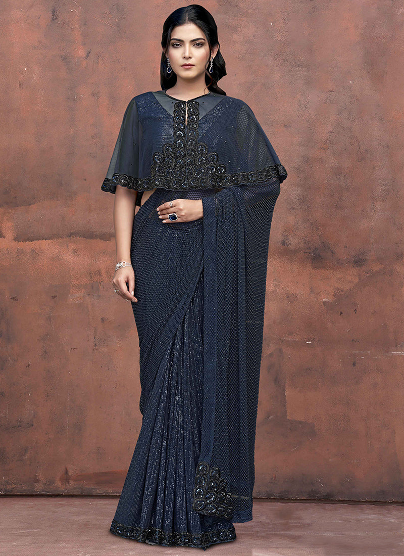 Armani Tulle Fabric Navy Blue Wedding Wear Bead Work Ready To Wear Saree 387533