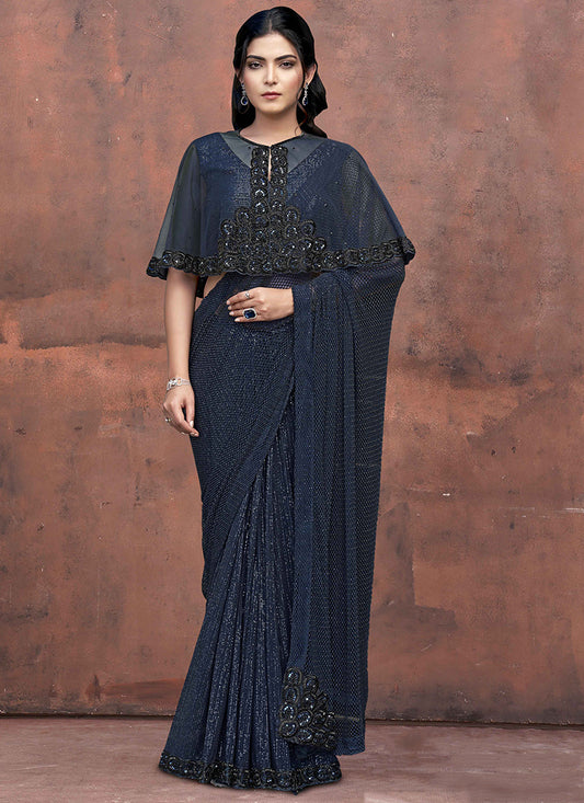 Armani Tulle Fabric Navy Blue Wedding Wear Bead Work Ready To Wear Saree 387533