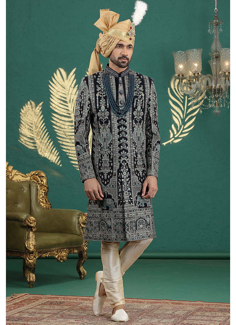 Art Silk Navy Blue Groom Wear Thread Work Readymade Groom Sherwani 385477