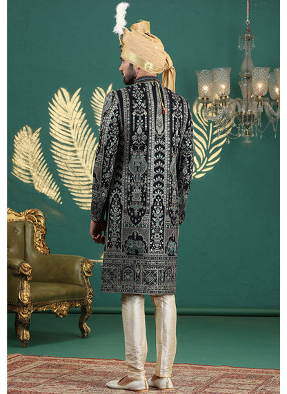 Art Silk Navy Blue Groom Wear Thread Work Readymade Groom Sherwani 385477