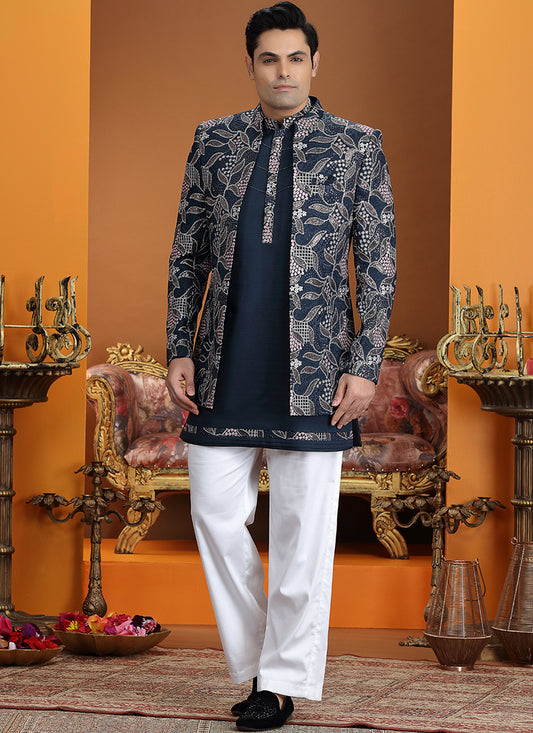 Art Silk Navy Blue Party Wear Computer Thread Work Readymade IndoWestern Sherwani 387370