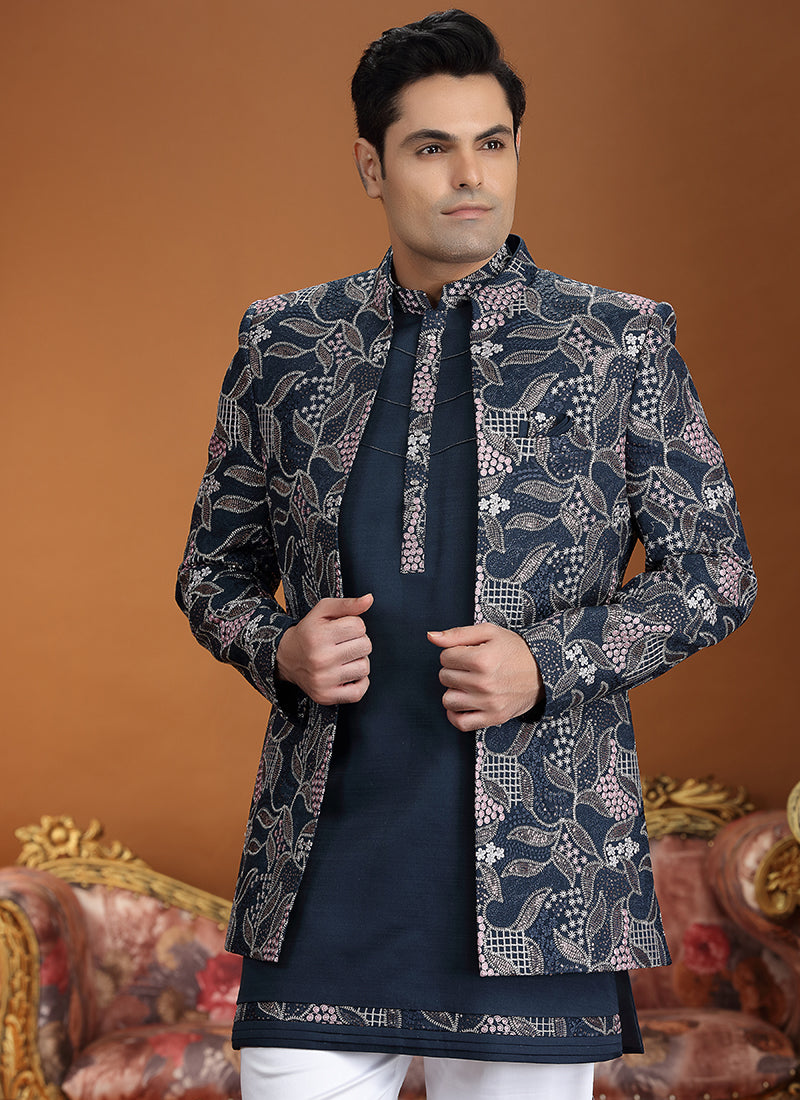 Art Silk Navy Blue Party Wear Computer Thread Work Readymade IndoWestern Sherwani 387370