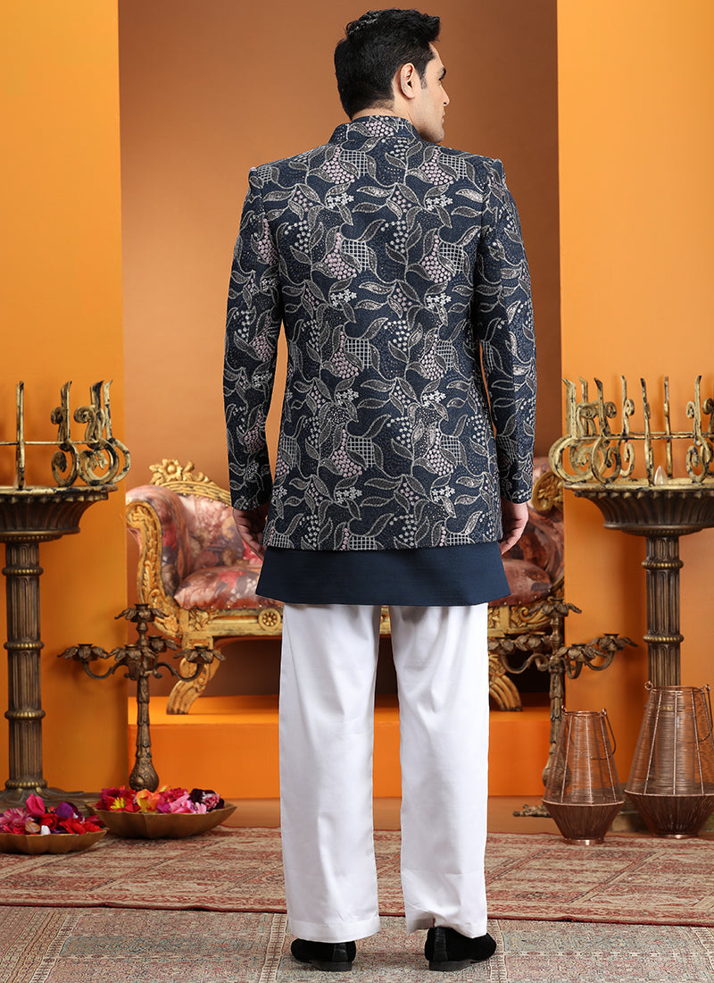 Art Silk Navy Blue Party Wear Computer Thread Work Readymade IndoWestern Sherwani 387370