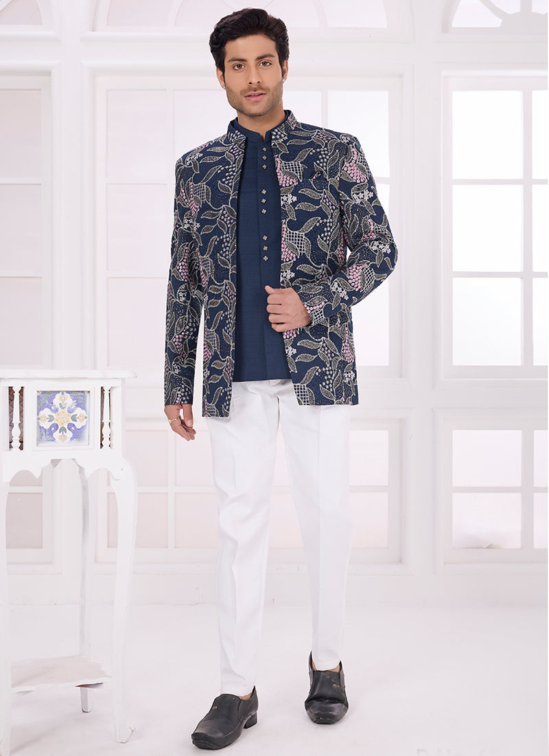 Navy Blue Art Silk Pattern Pc Work Party Wear Readymade Jodhpuri Suit SW933121