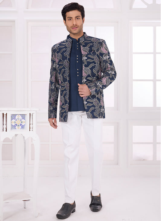 Navy Blue Art Silk Pattern Pc Work Party Wear Readymade Jodhpuri Suit SW933121