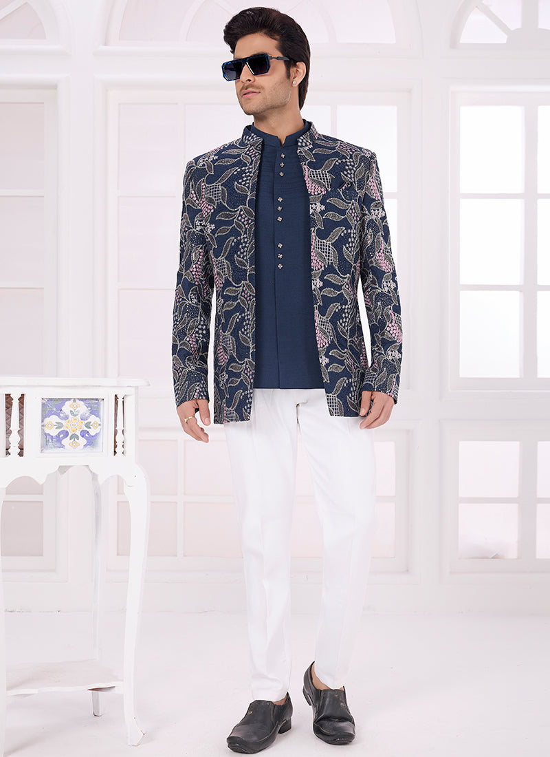 Navy Blue Art Silk Pattern Pc Work Party Wear Readymade Jodhpuri Suit SW933121