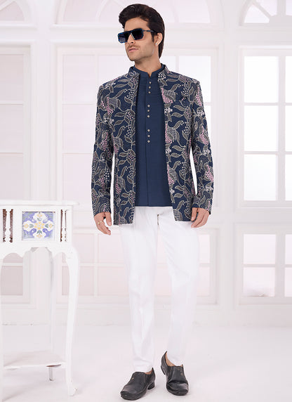 Navy Blue Art Silk Pattern Pc Work Party Wear Readymade Jodhpuri Suit SW933121