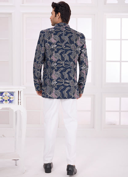 Navy Blue Art Silk Pattern Pc Work Party Wear Readymade Jodhpuri Suit SW933121