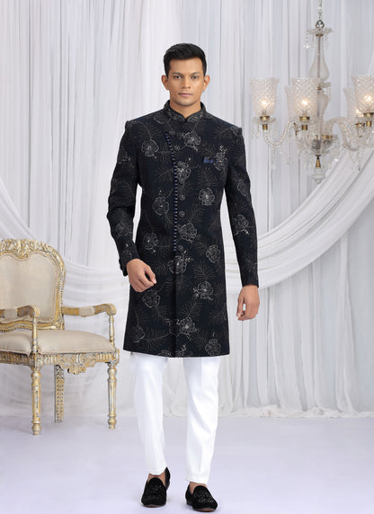 Art Silk Navy Blue Wedding Wear Computer Thread Work Readymade Indo Western Sherwani 386023