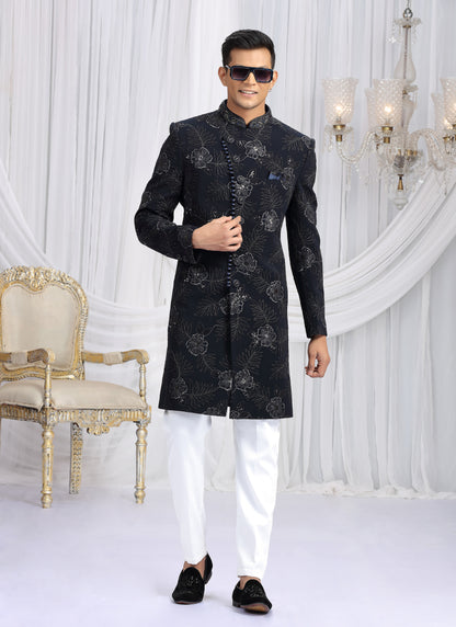 Art Silk Navy Blue Wedding Wear Computer Thread Work Readymade Indo Western Sherwani 386023
