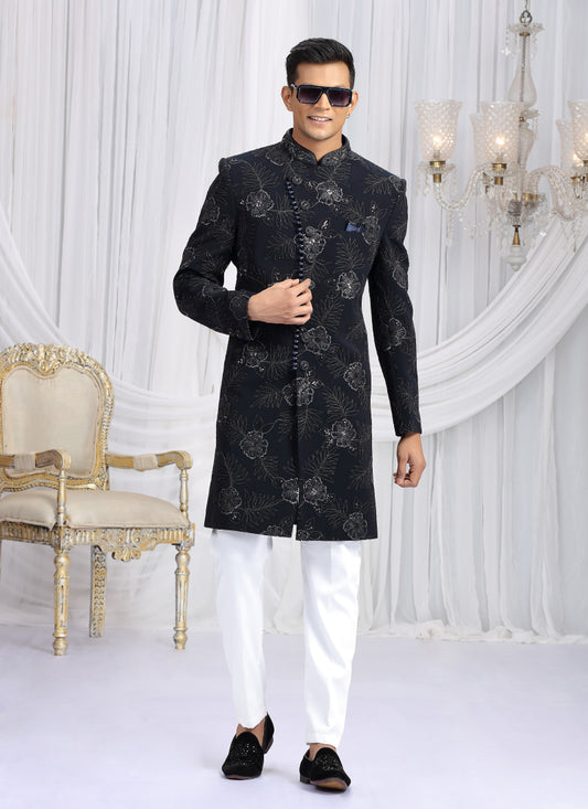 Art Silk Navy Blue Wedding Wear Computer Thread Work Readymade Indo Western Sherwani 386023