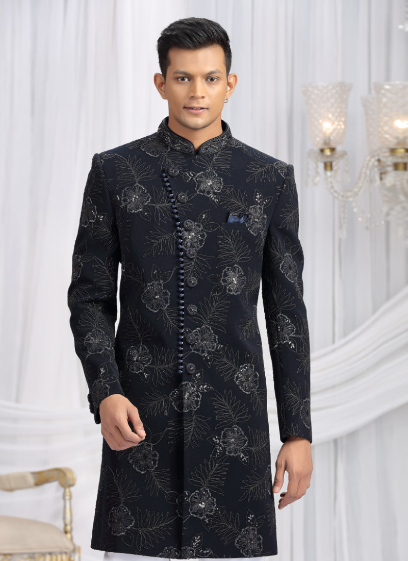 Art Silk Navy Blue Wedding Wear Computer Thread Work Readymade Indo Western Sherwani 386023