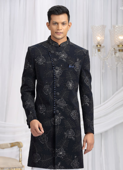 Art Silk Navy Blue Wedding Wear Computer Thread Work Readymade Indo Western Sherwani 386023