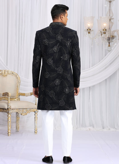 Art Silk Navy Blue Wedding Wear Computer Thread Work Readymade Indo Western Sherwani 386023