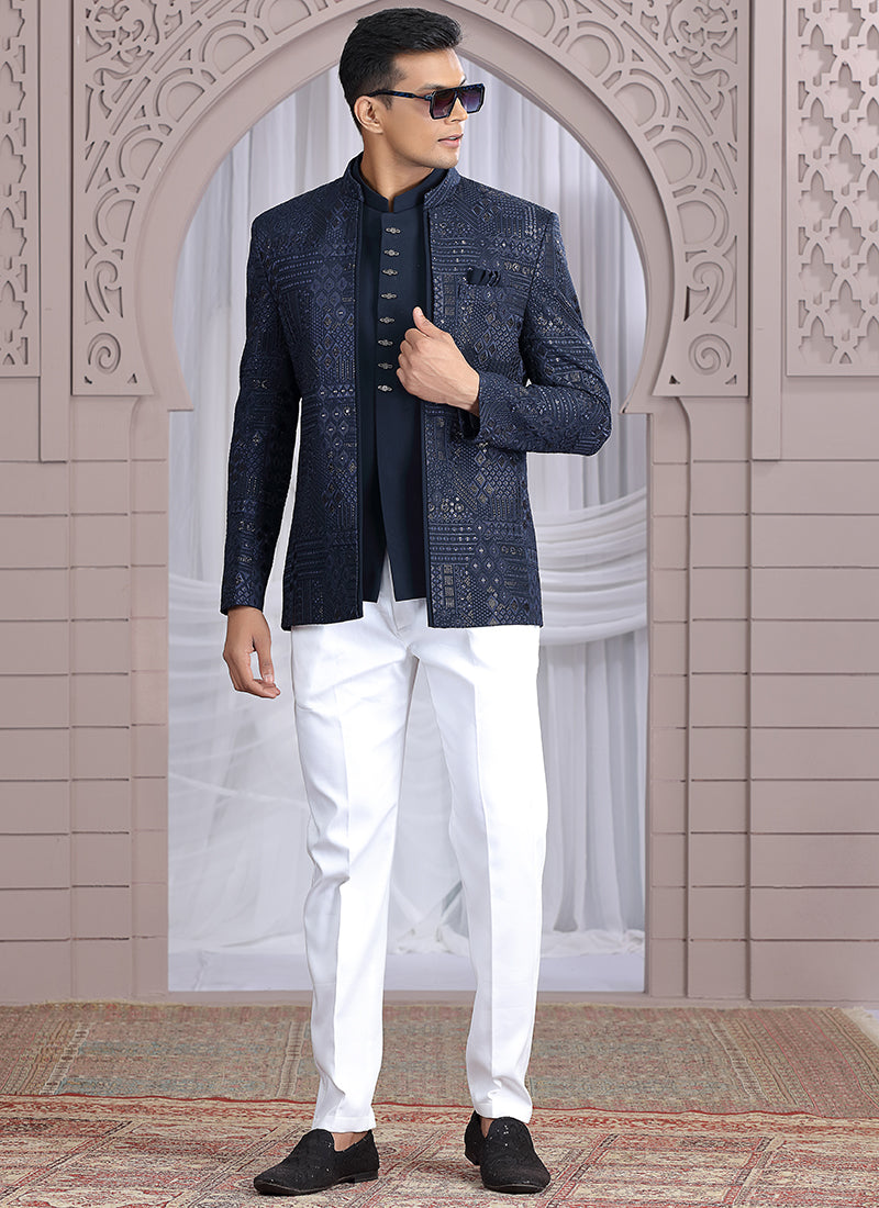 Art Silk Navy Blue Wedding Wear Pattern Pc Work Readymade Indo Western 385502