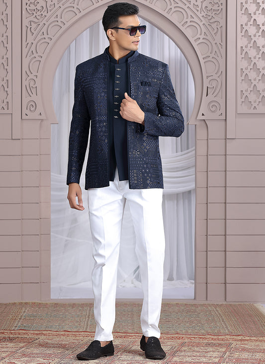 Art Silk Navy Blue Wedding Wear Pattern Pc Work Readymade Indo Western 385502