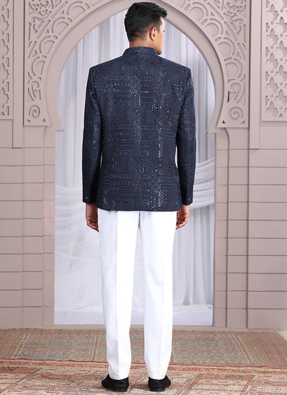 Art Silk Navy Blue Wedding Wear Pattern Pc Work Readymade Indo Western 385502